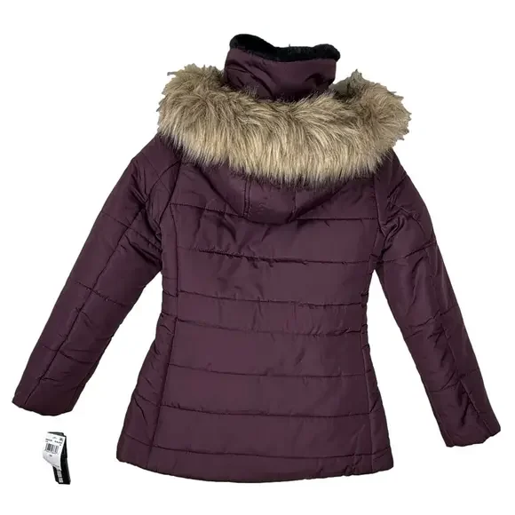 CELEBRITY PINK Women’s size XS Dark Mulberry Hooded Puffer Jacket faux fur NWT - Picture 7 of 8